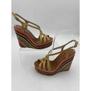 Kate Spade Lindsay Platform Wedge Rainbow Espadrille Sandal Gold Patent Size 6